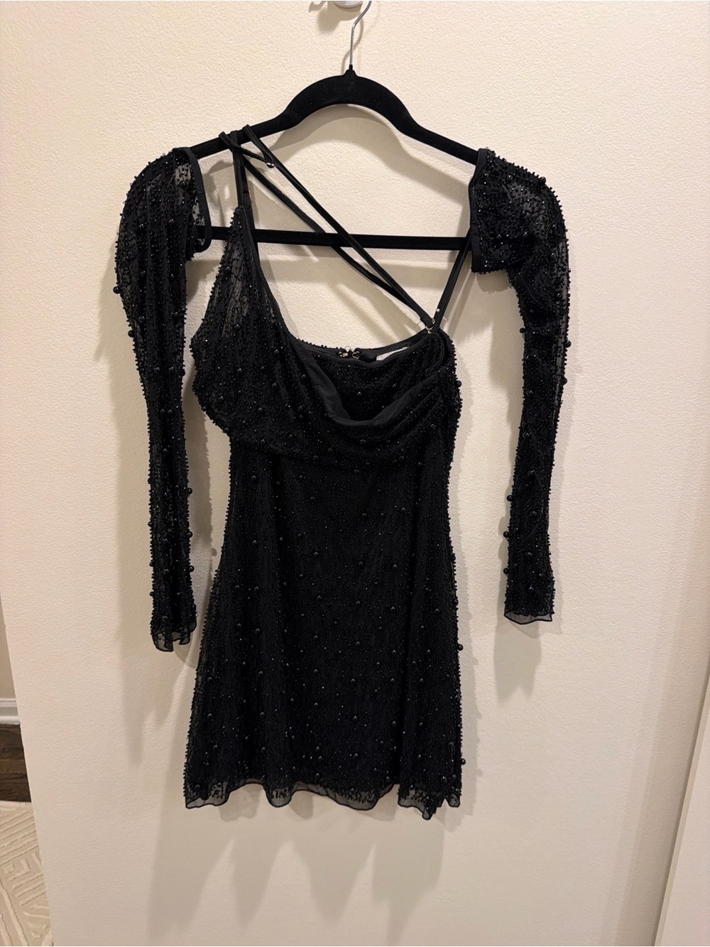 Oh Polly Black Beaded Sleeved Mini Dress
